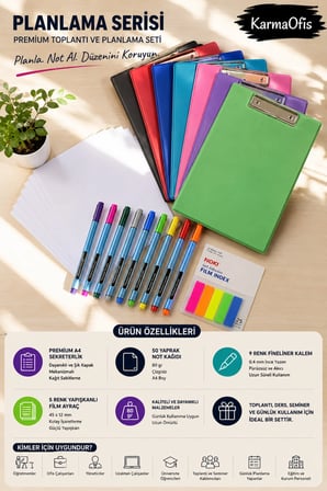 Planlama Serisi Premium Toplantı ve Planlama Seti | A4 Lila Sekreterlik, 50 Yaprak Not Kağıdı, 9 Renk Fineliner Kalem ve 5 Renk Film Ayraç