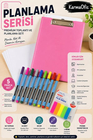 Planlama Serisi Premium Toplantı ve Planlama Seti | A4 Pembe Sekreterlik, 50 Yaprak Not Kağıdı, 9 Renk Fineliner Kalem ve 5 Renk Film Ayraç