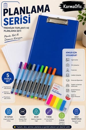 Planlama Serisi Premium Toplantı ve Planlama Seti | A4 Mavi Sekreterlik, 50 Yaprak Not Kağıdı, 9 Renk Fineliner Kalem ve 5 Renk Film Ayraç