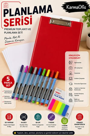 Planlama Serisi Premium Toplantı ve Planlama Seti | A4 Kırmızı Sekreterlik, 50 Yaprak Not Kağıdı, 9 Renk Fineliner Kalem ve 5 Renk Film Ayraç