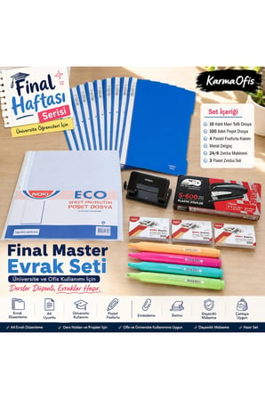 Final Master Evrak Seti | 10'lu Mavi Telli Dosya + 100'lü Poşet Dosya + Delgeç + Zımba + Pastel Fosforlu Kalem Seti