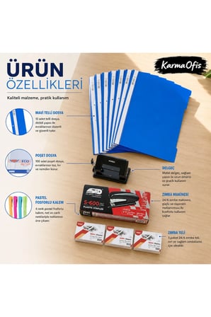 Final Master Evrak Seti | 10'lu Mavi Telli Dosya + 100'lü Poşet Dosya + Delgeç + Zımba + Pastel Fosforlu Kalem Seti