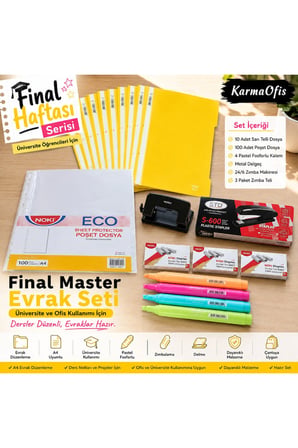Final Master Evrak Seti | 10'lu Sarı Telli Dosya + 100'lü Poşet Dosya + Delgeç + Zımba + Pastel Fosforlu Kalem Seti