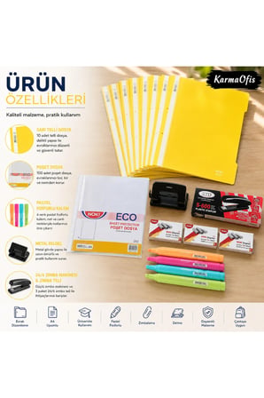 Final Master Evrak Seti | 10'lu Sarı Telli Dosya + 100'lü Poşet Dosya + Delgeç + Zımba + Pastel Fosforlu Kalem Seti