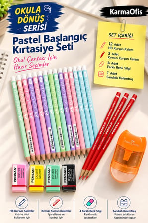 Faber-Castell Pastel Başlangıç Kırtasiye Seti 12 HB Kurşun Kalem 3 Kırmızı Kalem 4 Silgi Turuncu Sandıklı Kalemtraş