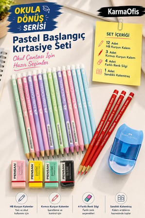 Faber-Castell Pastel Başlangıç Kırtasiye Seti 12 HB Kurşun Kalem 3 Kırmızı Kalem 4 Silgi Mavi Sandıklı Kalemtraş
