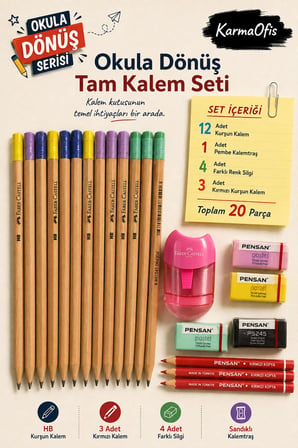 Okula Dönüş Kalem Seti 20 Parça | Natural Silgili Kurşun Kalem, Silgi, Pembe Kalemtraş ve Kırmızı Kalem