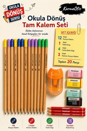 Okula Dönüş Kalem Seti 20 Parça | Natural Silgili Kurşun Kalem, Silgi, Turuncu Kalemtraş ve Kırmızı Kalem