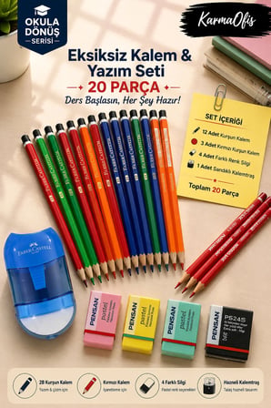 Okula Dönüş 20 Parça Kalem Seti – 12 Adet 2B Opak Kurşun Kalem, 3 Kırmızı Kalem, 4 Silgi, Mavi Hazneli Kalemtraş
