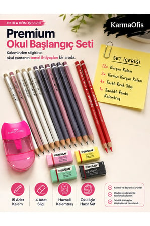 Okula Dönüş Premium Kırtasiye Seti – 12 Kurşun Kalem, 3 Kırmızı Kalem, 4 Silgi ve Pembe Hazneli Kalemtraş