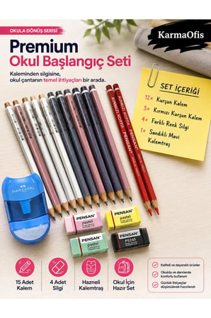 Okula Dönüş Premium Kırtasiye Seti – 12 Kurşun Kalem, 3 Kırmızı Kalem, 4 Silgi ve Mavi Hazneli Kalemtraş