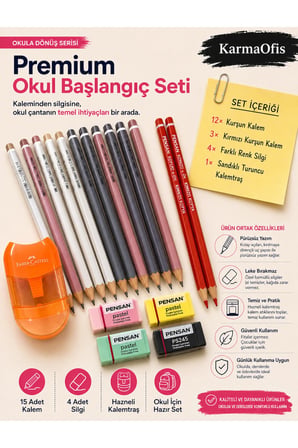 Okula Dönüş Premium Kırtasiye Seti – 12 Kurşun Kalem, 3 Kırmızı Kalem, 4 Silgi ve Turuncu Hazneli Kalemtraş