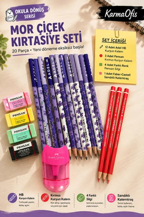 Okula Dönüş 20 Parça Kırtasiye Seti – 12 HB Kurşun Kalem, 3 Kırmızı Kalem, 4 Pensan Silgi ve Faber-Castell Pembe Kalemtraş