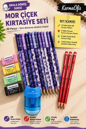 Okula Dönüş 20 Parça Kırtasiye Seti – 12 HB Kurşun Kalem, 3 Kırmızı Kalem, 4 Pensan Silgi ve Faber-Castell Mavi Kalemtraş