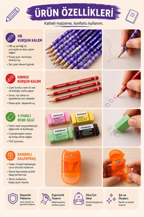 Okula Dönüş 20 Parça Kırtasiye Seti – 12 HB Kurşun Kalem, 3 Kırmızı Kalem, 4 Pensan Silgi ve Faber-Castell Mavi Kalemtraş