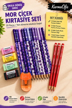 Okula Dönüş 20 Parça Kırtasiye Seti – 12 HB Kurşun Kalem, 3 Kırmızı Kalem, 4 Pensan Silgi ve Faber-Castell Turuncu Kalemtraş
