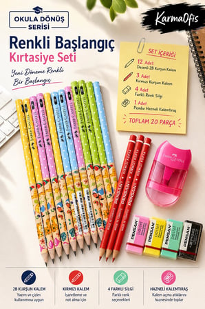 Okula Dönüş 20 Parça Renkli Kırtasiye Seti | 12 Adet 2B Kurşun Kalem, 3 Kırmızı Kalem, 4 Silgi ve Pembe Hazneli Kalemtıraş