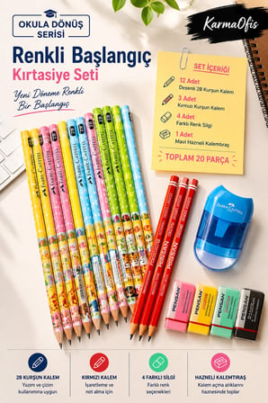 Okula Dönüş 20 Parça Renkli Kırtasiye Seti | 12 Adet 2B Kurşun Kalem, 3 Kırmızı Kalem, 4 Silgi ve Mavi Hazneli Kalemtıraş