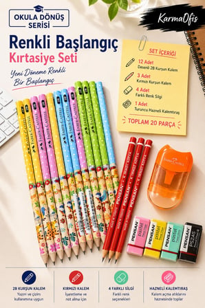 Okula Dönüş 20 Parça Renkli Kırtasiye Seti | 12 Adet 2B Kurşun Kalem, 3 Kırmızı Kalem, 4 Silgi ve Turuncu Hazneli Kalemtıraş