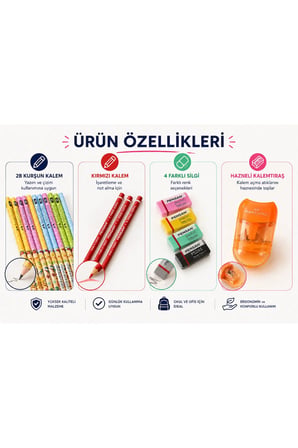 Okula Dönüş 20 Parça Renkli Kırtasiye Seti | 12 Adet 2B Kurşun Kalem, 3 Kırmızı Kalem, 4 Silgi ve Turuncu Hazneli Kalemtıraş