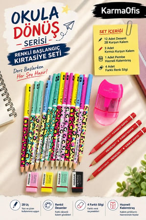 Okula Dönüş Kırtasiye Seti 12 Desenli 2B Kurşun Kalem 3 Kırmızı Kalem 4 Silgi Pembe Hazneli Kalemtıraş