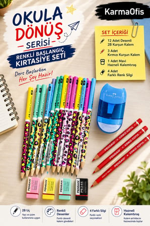 Okula Dönüş Kırtasiye Seti 12 Desenli 2B Kurşun Kalem 3 Kırmızı Kalem 4 Silgi Mavi Hazneli Kalemtıraş