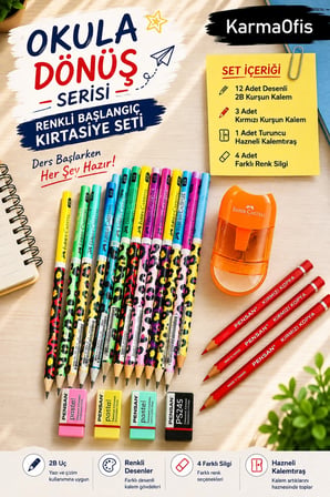Okula Dönüş Kırtasiye Seti 12 Desenli 2B Kurşun Kalem 3 Kırmızı Kalem 4 Silgi Turuncu Hazneli Kalemtıraş