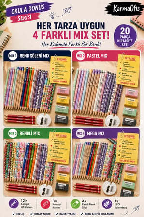 KarmaOfis 20 Parça Renk Mega Mix Kurşun Kalem Seti | 12 HB Kalem + 3 Kırmızı Kalem + 4 Silgi + UFO Kalemtraş