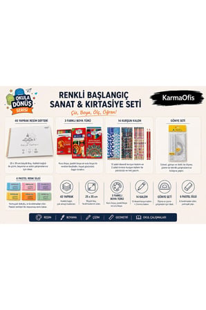 Okula Dönüş Kırtasiye Seti 40 Yaprak 25x35 Resim Defteri | 12'li Kuru | Pastel | Sulu Boya | Çiçek Desenli Kurşun Kalem | Gönye | Silgi