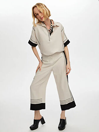 Renk Bloklu Nakış Detaylı Ketenli Capri S25CPR001