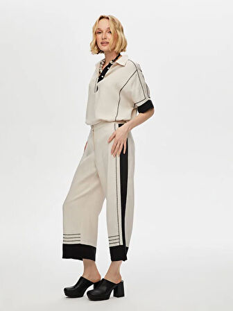 Renk Bloklu Nakış Detaylı Ketenli Capri S25CPR001