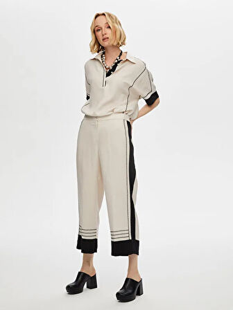 Renk Bloklu Nakış Detaylı Ketenli Capri S25CPR001