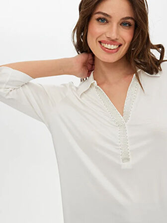 Yakası Ve Kol Ucu Zincir Şerit Detaylı 3/4 Kol Örme Bluz S25BLZ008