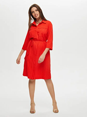 Kendinden Dokulu Kısa Kol Gömlek Elbise S25ELB007