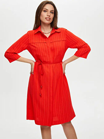 Kendinden Dokulu Kısa Kol Gömlek Elbise S25ELB007