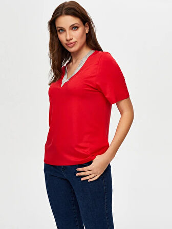 Zincir Şertili V Yaka Kısa Kol T-Shirt S25TSH064