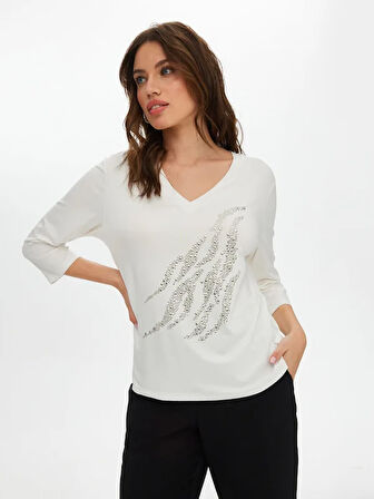 Önü Trok Taş Detaylı 3/4 Kol V Yaka T-Shirt S25TSH068