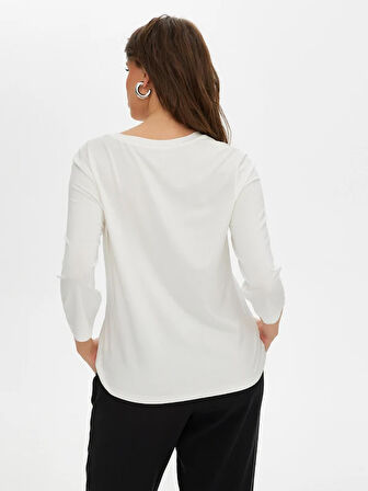 Önü Trok Taş Detaylı 3/4 Kol V Yaka T-Shirt S25TSH068