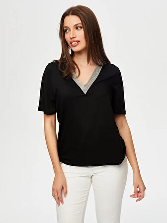 Zincir Şertili V Yaka Kısa Kol T-Shirt S25TSH064