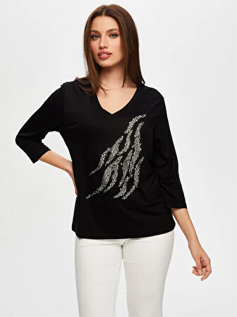 Önü Trok Taş Detaylı 3/4 Kol V Yaka T-Shirt S25TSH068