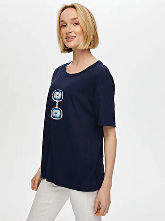 Önü Nazar Boncuğu Baskılı Yuvarlak Yaka Pamuklu T-Shirt S25TSH093