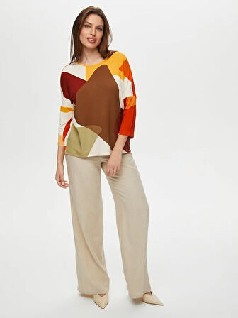 Geometrik Soyut Desen Yuvarlak Yaka 3/4 Kol T-Shirt S25TSH095