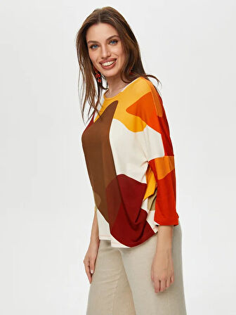 Geometrik Soyut Desen Yuvarlak Yaka 3/4 Kol T-Shirt S25TSH095