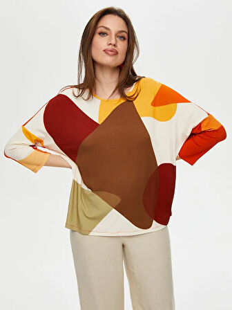 Geometrik Soyut Desen Yuvarlak Yaka 3/4 Kol T-Shirt S25TSH095