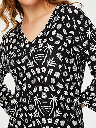 Monochrome Desen V Yaka 3/4 Kol T-Shirt S25TSH103