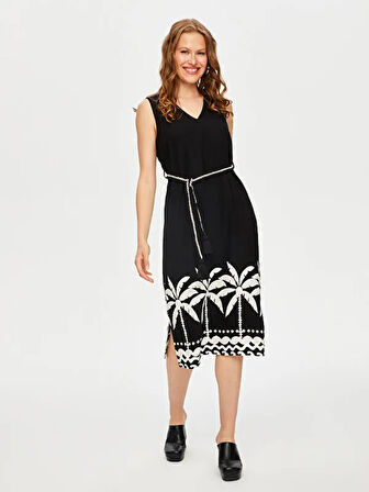 Resort Eteği Palmiye Desen Monochrome Kolsuz Elbise S25ELB046