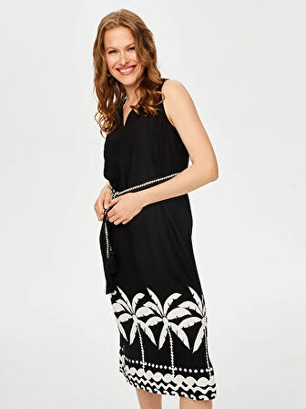 Resort Eteği Palmiye Desen Monochrome Kolsuz Elbise S25ELB046