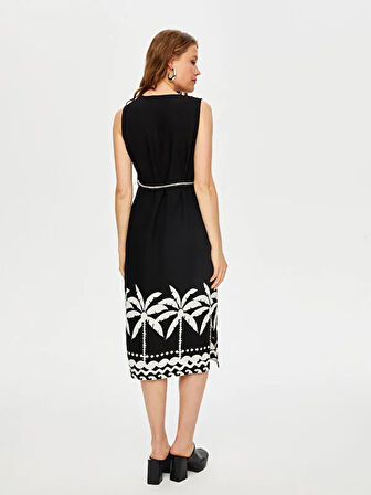 Resort Eteği Palmiye Desen Monochrome Kolsuz Elbise S25ELB046