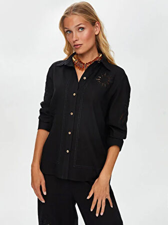 Resort Delik İşi Nakış Detaylı Viskon Keten Gömlek S25GML046