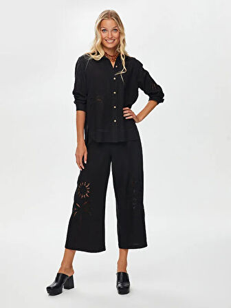 Resort Delik İşi Nakış Detaylı Viskon Keten Gömlek S25GML046